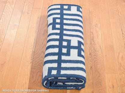 Blue 5'2" x 7'0" Flat Weave Hand woven Wool Rug - Sku: O080533