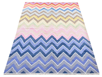 Kilim Flat-Weave hand-knotted wool rug in Pink, 5'8" x 7'10" — SKU O080552