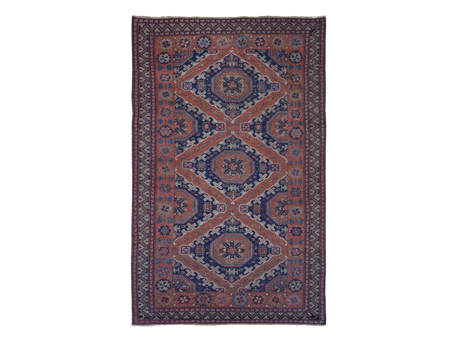 Soumak Tribal & Geometric hand-knotted wool rug in Red & Midnight Blue, 7' x 11' — SKU O080599
