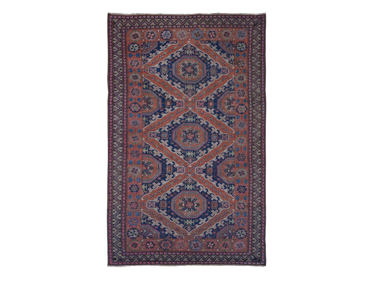 Soumak Tribal & Geometric hand-knotted wool rug in Red & Midnight Blue, 7' x 11' — SKU O080599