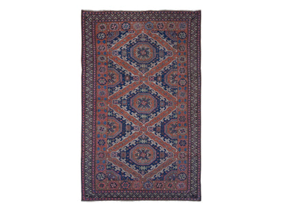 Soumak Tribal & Geometric hand-knotted wool rug in Red & Midnight Blue, 7' x 11' — SKU O080599