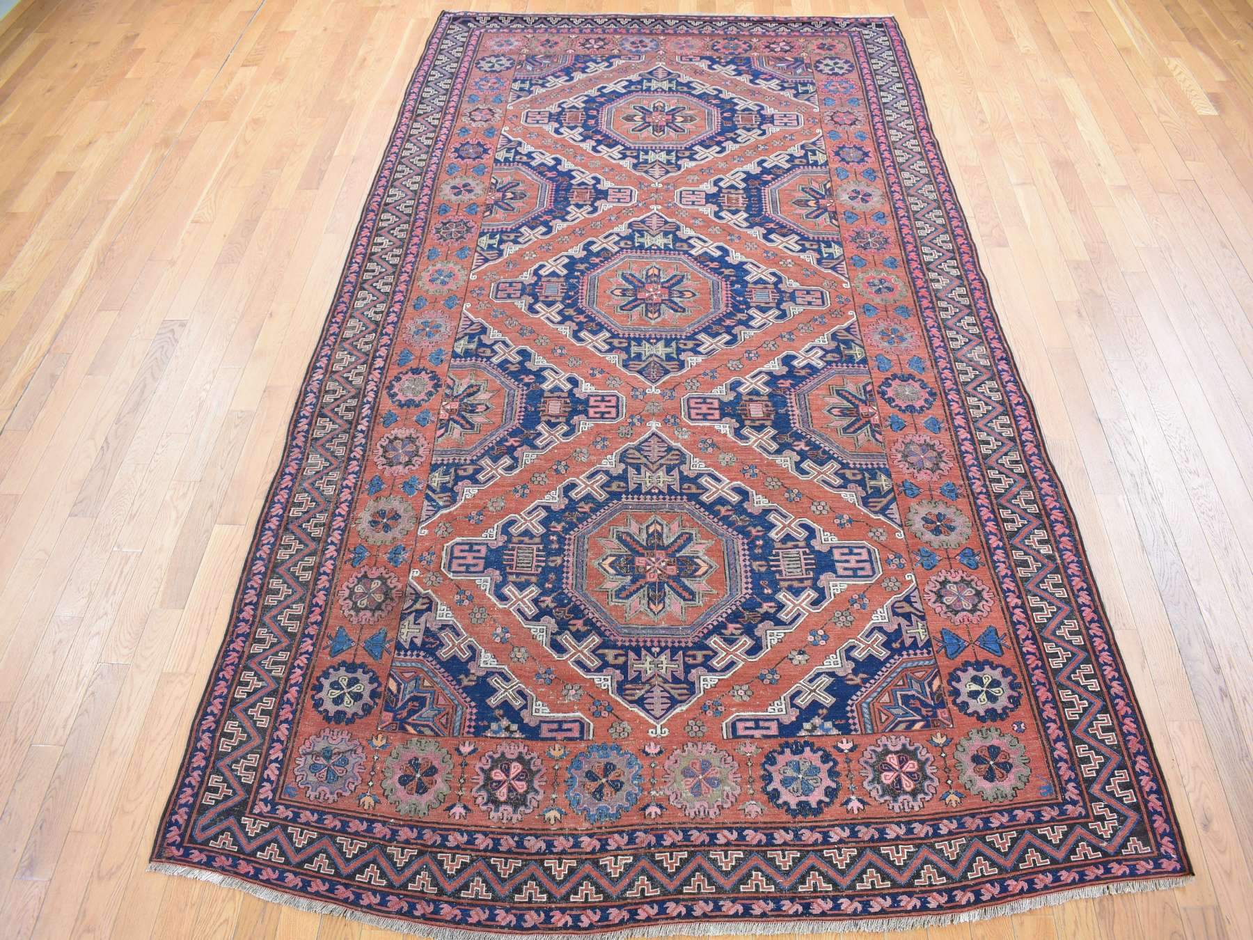 Soumak Tribal & Geometric hand-knotted wool rug in Red & Midnight Blue, 7' x 11' — SKU O080599 (view 2)