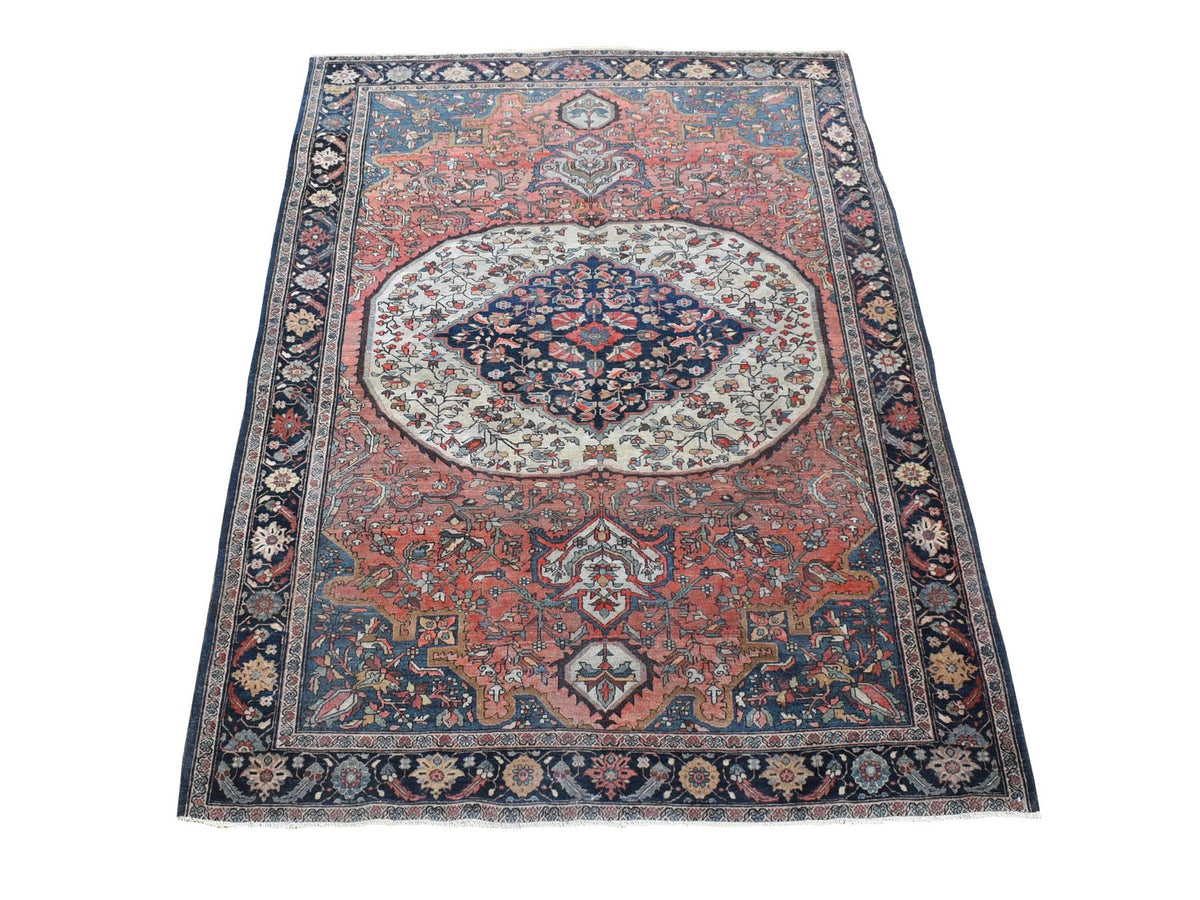 Sarouk Persian hand-knotted wool rug in Red & Midnight Blue, 4'1" x 6'4" — SKU O080602