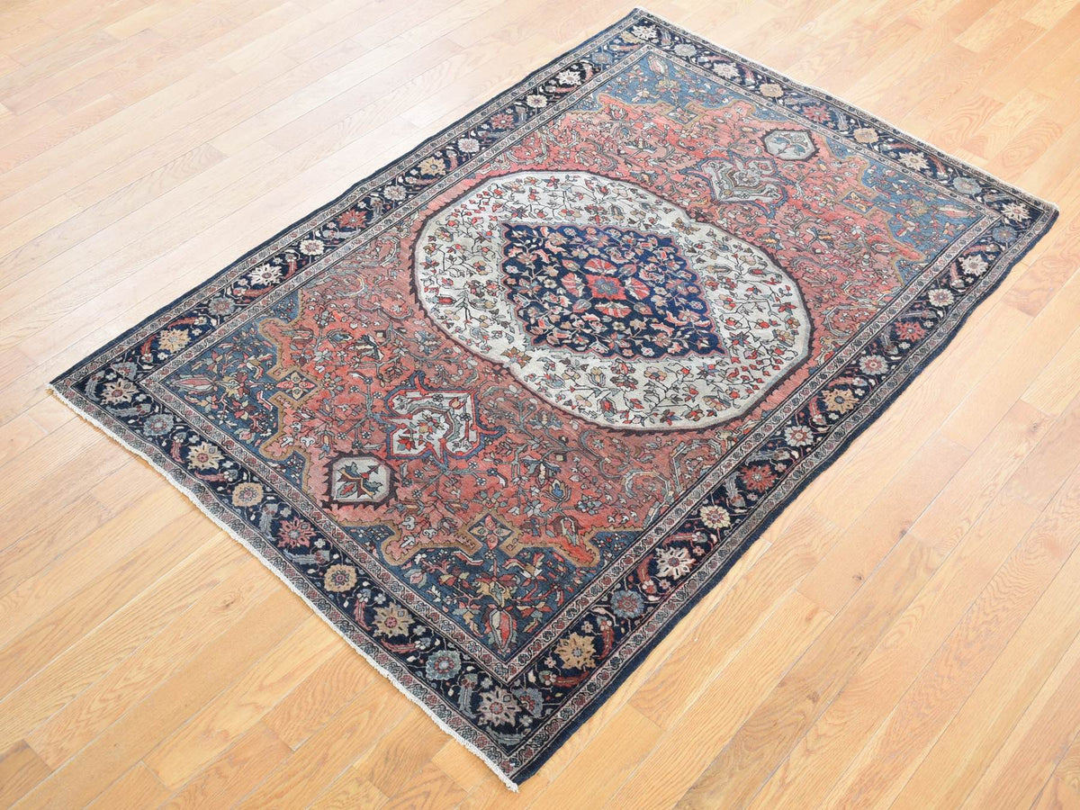 Sarouk Persian hand-knotted wool rug in Red & Midnight Blue, 4'1" x 6'4" — SKU O080602 (view 2)