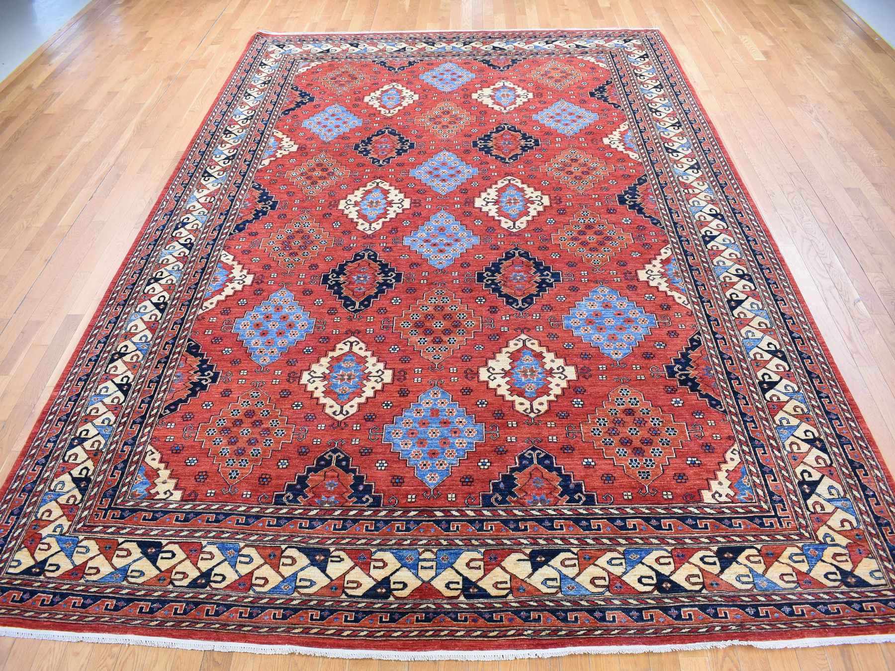 Ersari Tribal & Geometric hand-knotted wool rug in Red & Ivory, 10' x 14' — SKU O080642 (view 2)