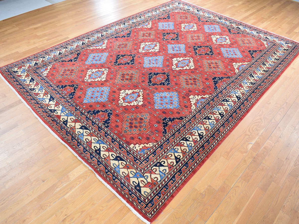 Ersari Tribal & Geometric hand-knotted wool rug in Red & Ivory, 10' x 14' — SKU O080642 (view 3)
