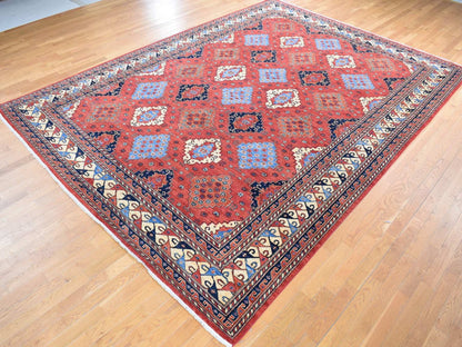 Ersari Tribal & Geometric hand-knotted wool rug in Red & Ivory, 10' x 14' — SKU O080642 (view 3)