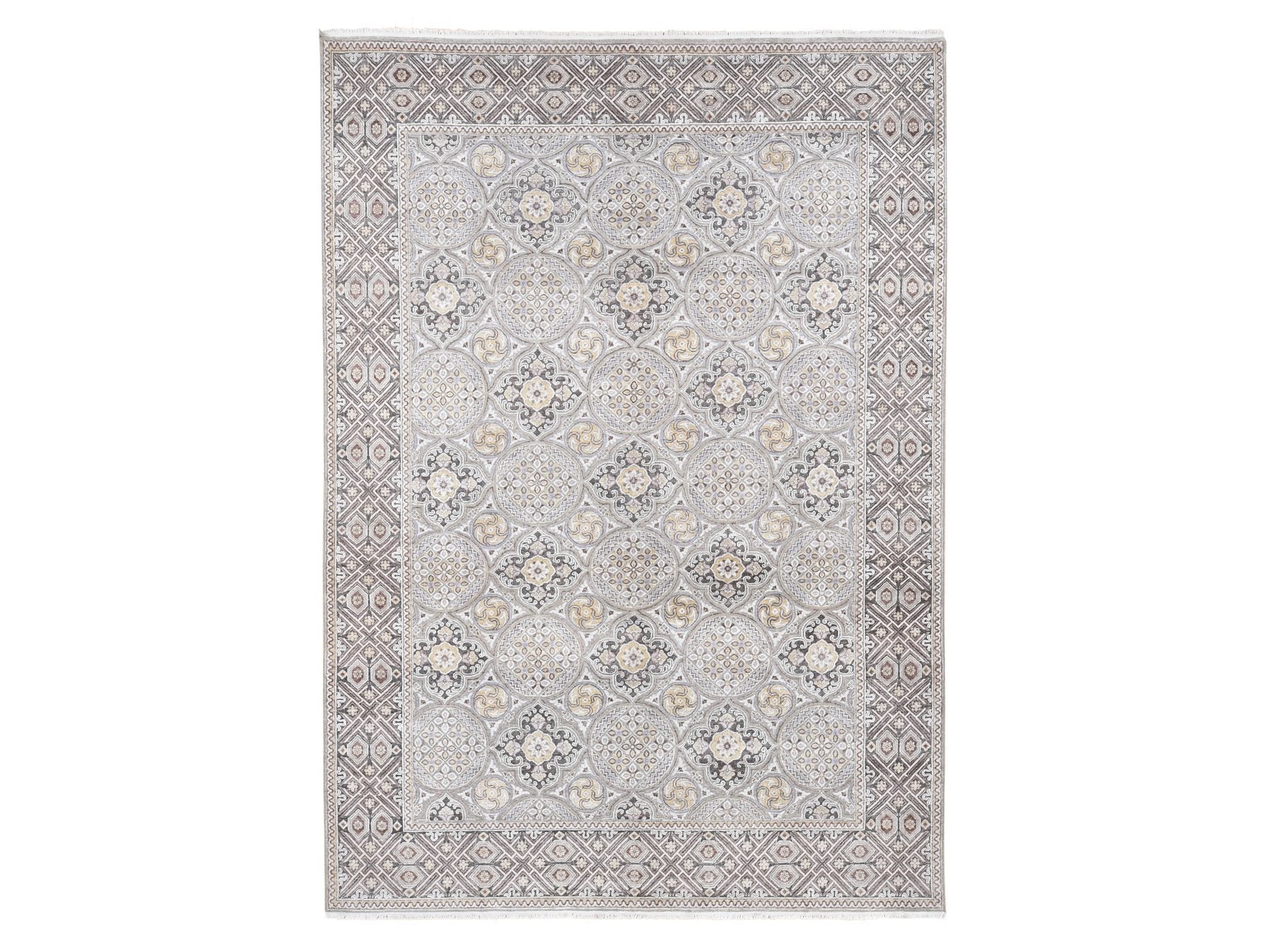 Transitional hand-knotted wool/silk rug in Ivory & Gray, 10'1" x 14'2" — SKU O080686