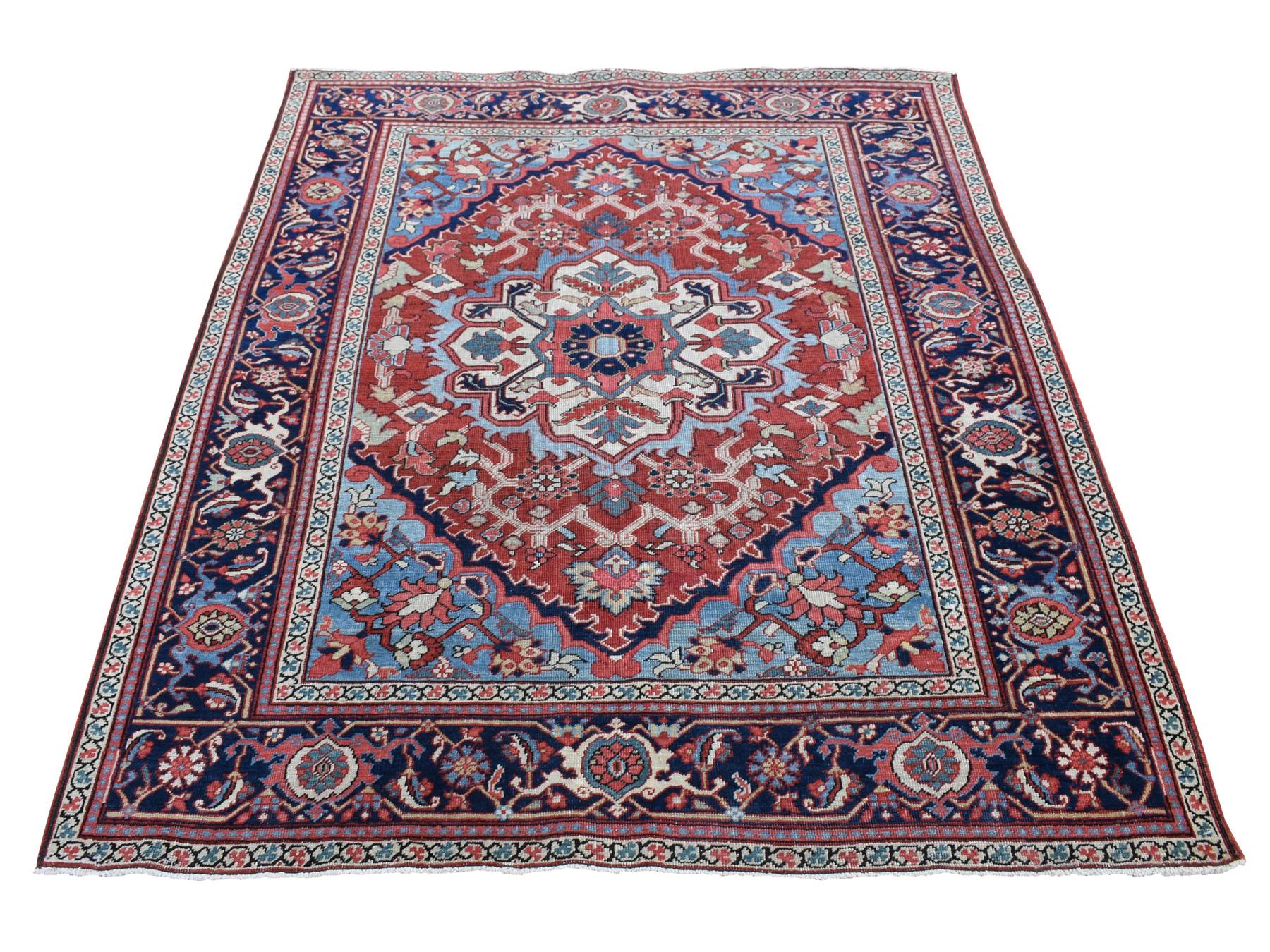 Heriz Antique hand-knotted wool rug in Red & Midnight Blue, 4'9" x 5'9" — SKU O080708