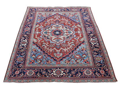 Heriz Antique hand-knotted wool rug in Red & Midnight Blue, 4'9" x 5'9" — SKU O080708