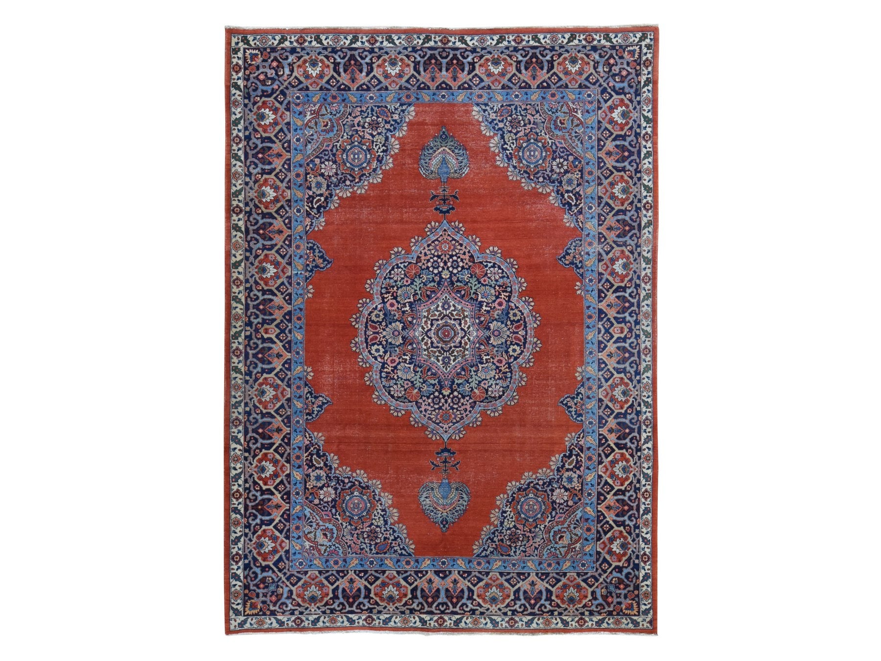 Tabriz Antique hand-knotted wool rug in Orange & Navy Blue, 8'8" x 12' — SKU O080711