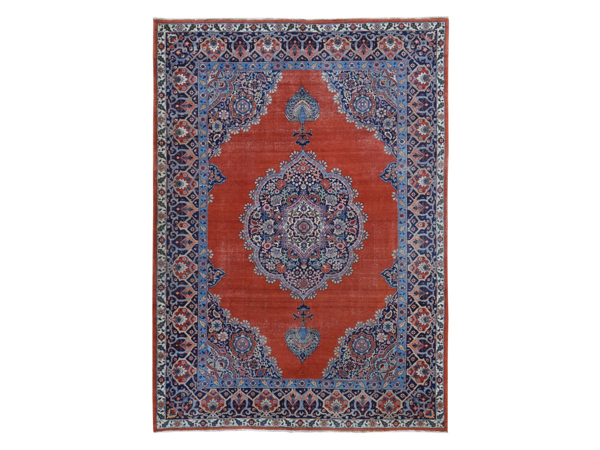 Tabriz Antique hand-knotted wool rug in Orange & Navy Blue, 8'8" x 12' — SKU O080711