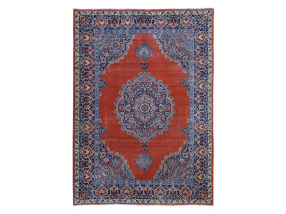 Tabriz Antique hand-knotted wool rug in Orange & Navy Blue, 8'8" x 12' — SKU O080711