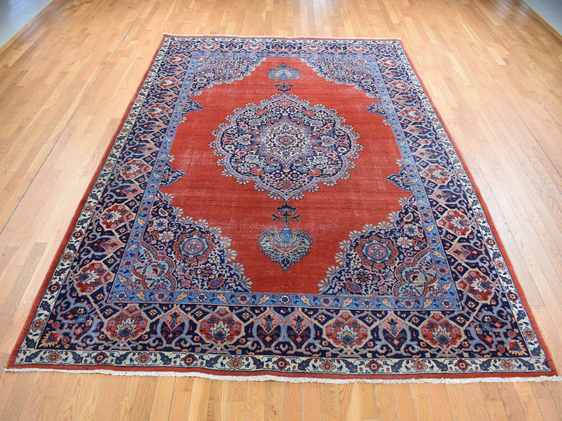 Tabriz Antique hand-knotted wool rug in Orange & Navy Blue, 8'8" x 12' — SKU O080711 (view 2)