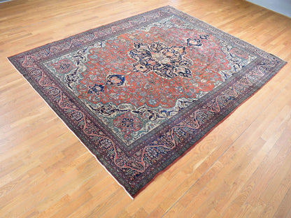 Red 9'0" x 12'0" Antique Hand knotted Wool Rug - Sku: O080722