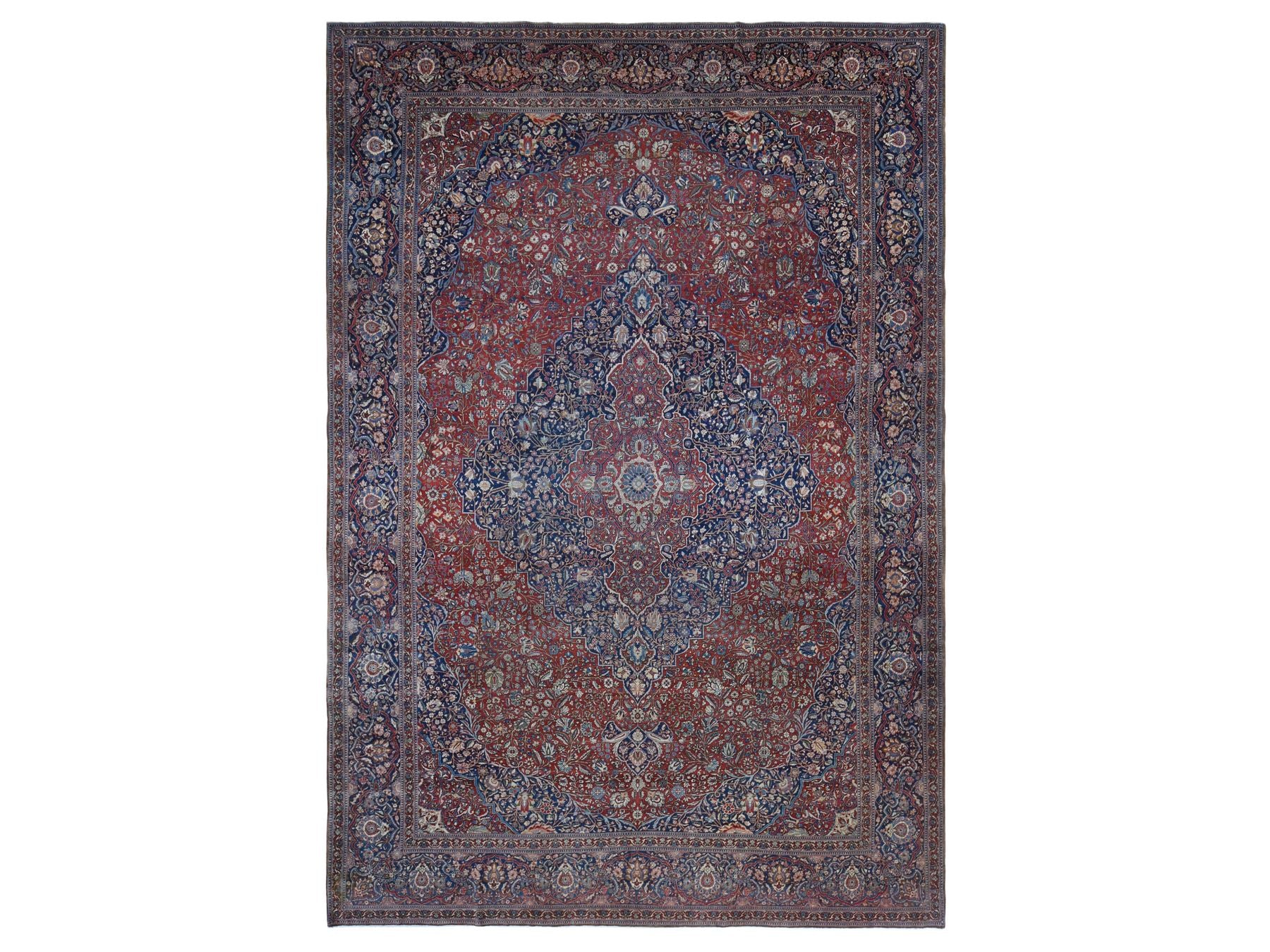 Kashan Antique hand-knotted wool rug in Red & Visa Blue, 11'2" x 16'8" — SKU O080779
