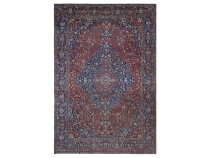 Kashan Antique hand-knotted wool rug in Red & Visa Blue, 11'2" x 16'8" — SKU O080779