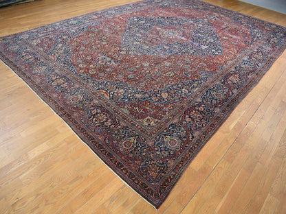 Kashan Antique hand-knotted wool rug in Red & Visa Blue, 11'2" x 16'8" — SKU O080779 (view 3)