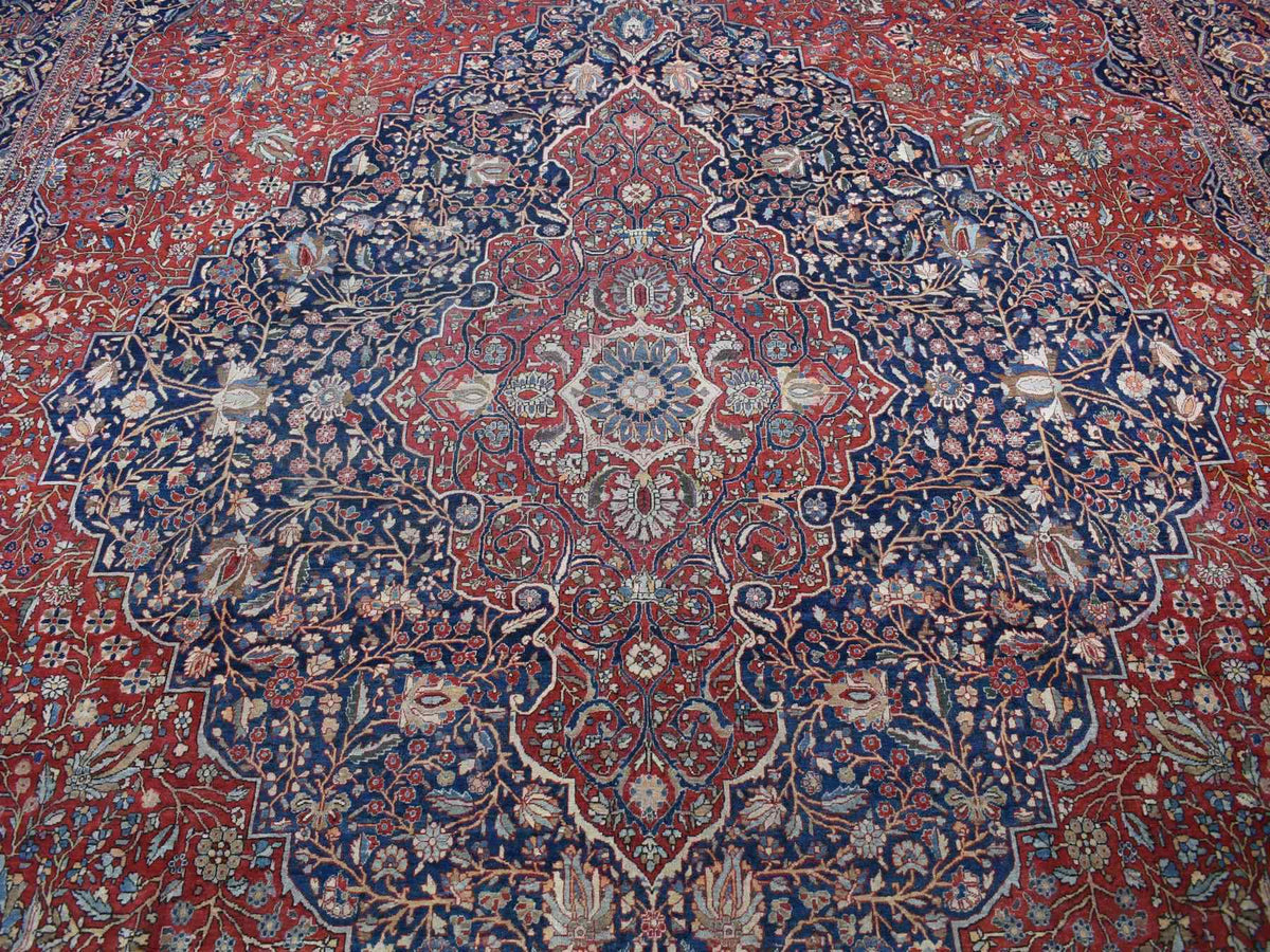 Kashan Antique hand-knotted wool rug in Red & Visa Blue, 11'2" x 16'8" — SKU O080779 (view 8)