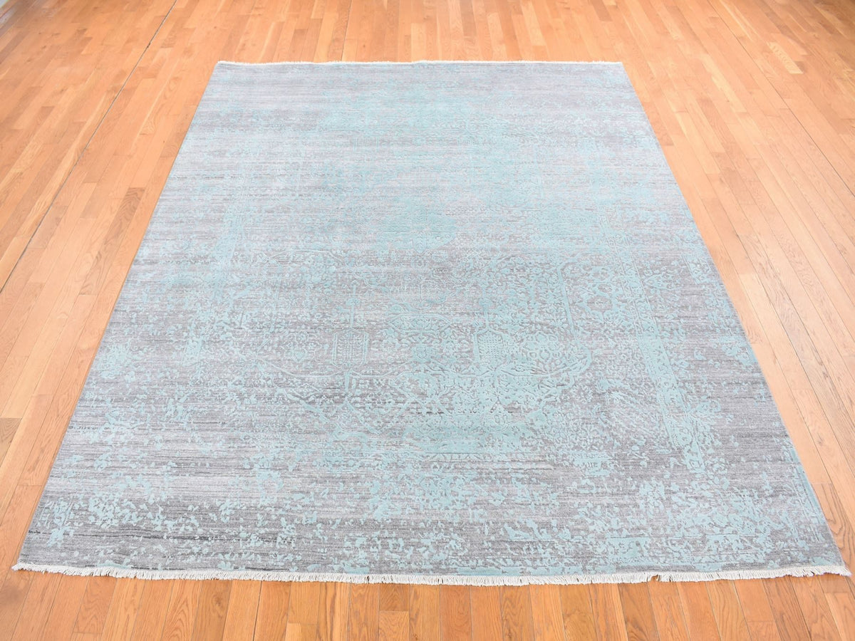 Transitional hand-knotted wool/silk rug in Green, 8' x 10' — SKU O080789 (view 2)