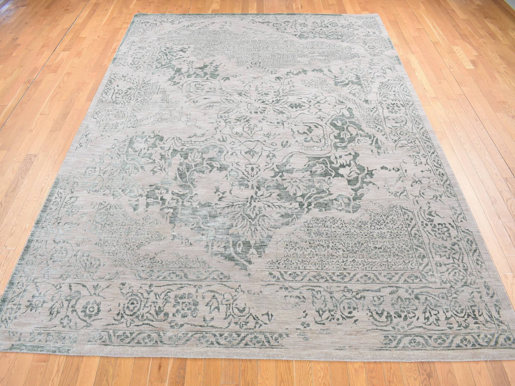 Heriz Transitional hand-knotted wool/silk rug in Green & Tan Color, 8'10" x 12' — SKU O080798 (view 2)