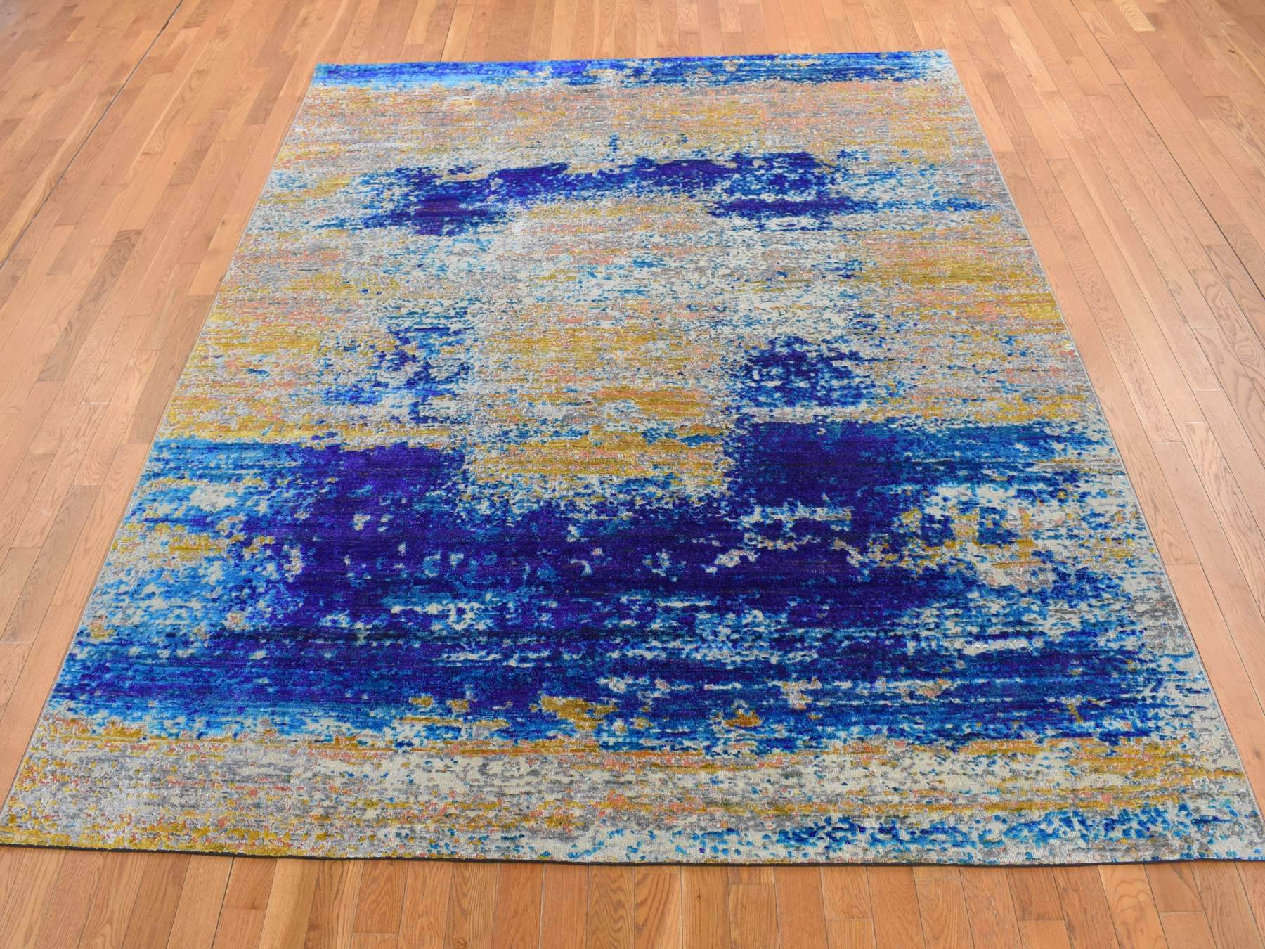 Modern / Contemporary hand-knotted wool/silk rug in Yellow, 7'10" x 10' — SKU O080848 (view 2)
