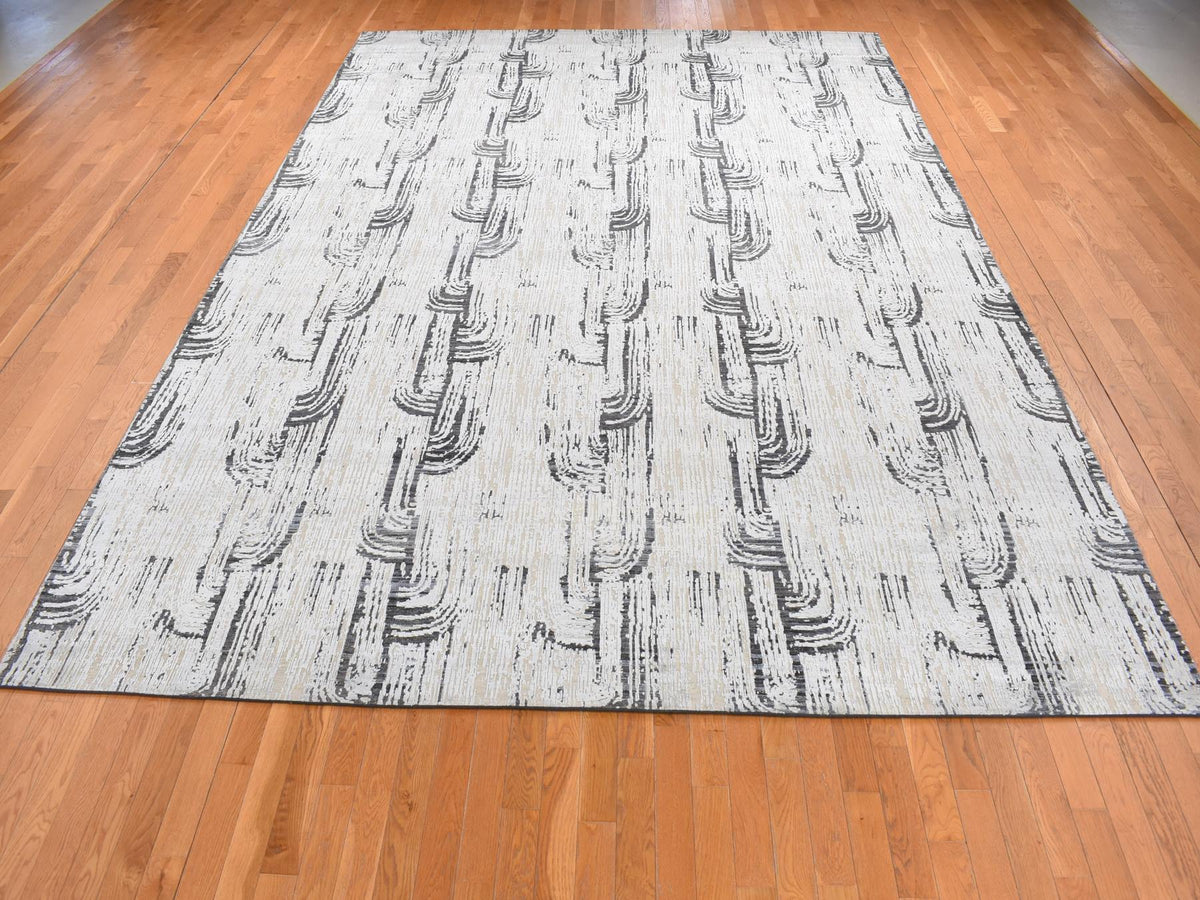 Modern / Contemporary hand-knotted wool/silk rug in Gray, 10' x 14'5" — SKU O080852 (view 2)