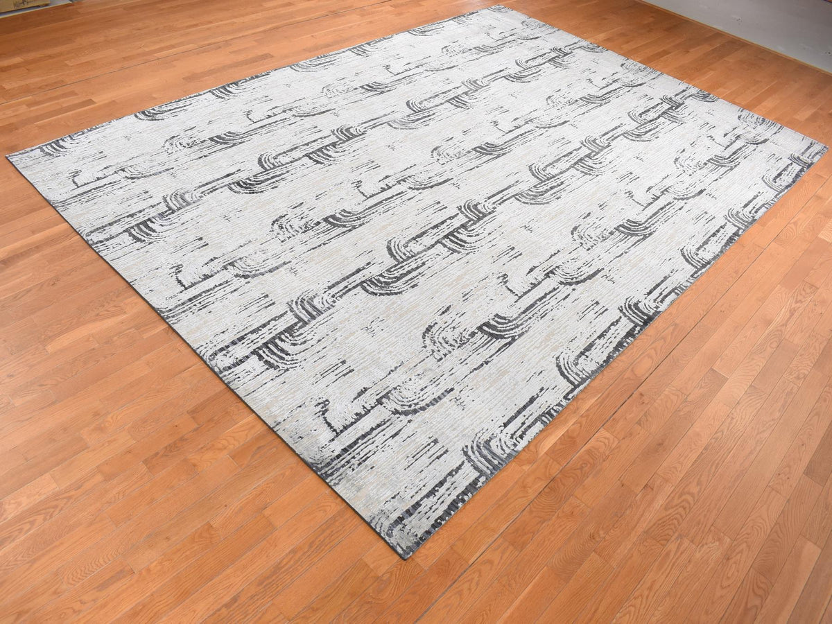 Modern / Contemporary hand-knotted wool/silk rug in Gray, 10' x 14'5" — SKU O080852 (view 3)