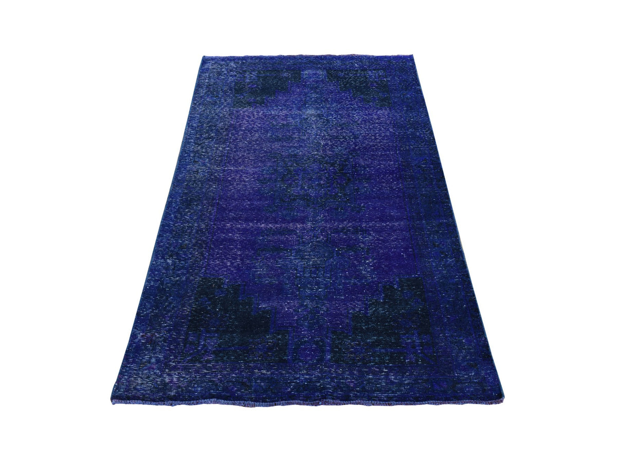 Tabriz Vintage hand-knotted wool runner in Overdyed & Blue, 4'3" x 7'10" — SKU O080862