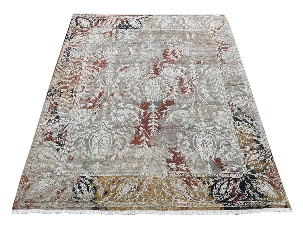 Transitional hand-knotted wool/silk rug in Gray & Green, 5'2" x 7'1" — SKU O080885