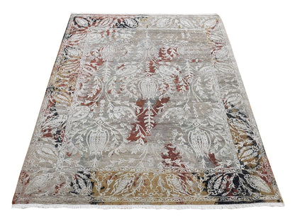 Transitional hand-knotted wool/silk rug in Gray & Green, 5'2" x 7'1" — SKU O080885