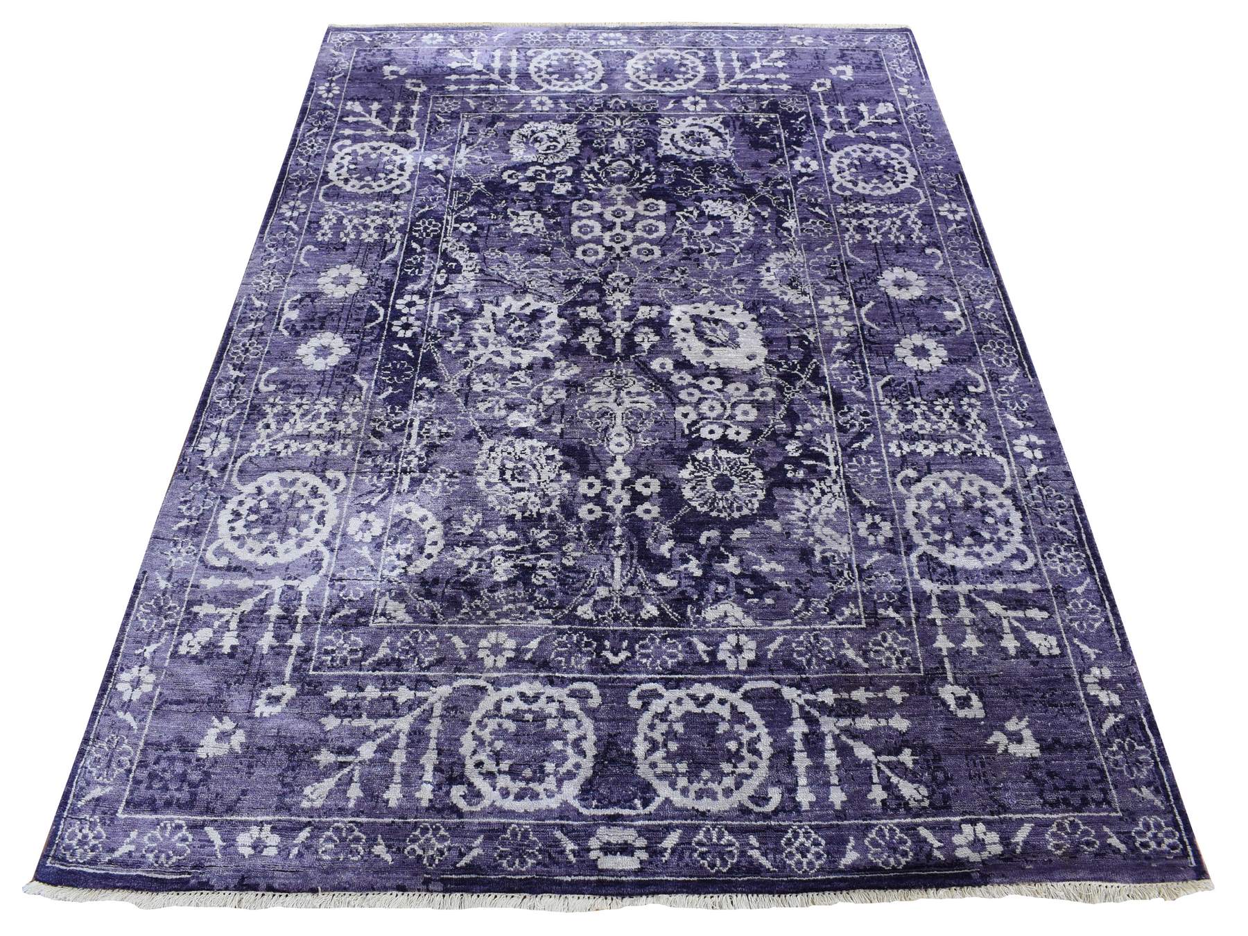 Tabriz Transitional hand-knotted wool/silk rug in Purple, 4'10" x 6'8" — SKU O080908