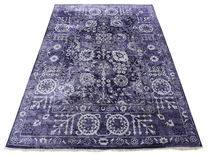 Tabriz Transitional hand-knotted wool/silk rug in Purple, 4'10" x 6'8" — SKU O080908