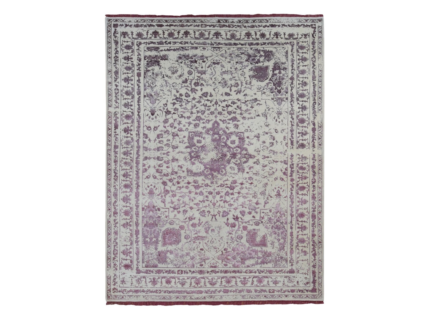 Transitional hand-knotted wool/silk rug in Ivory, 9'2" x 12'1" — SKU O080910