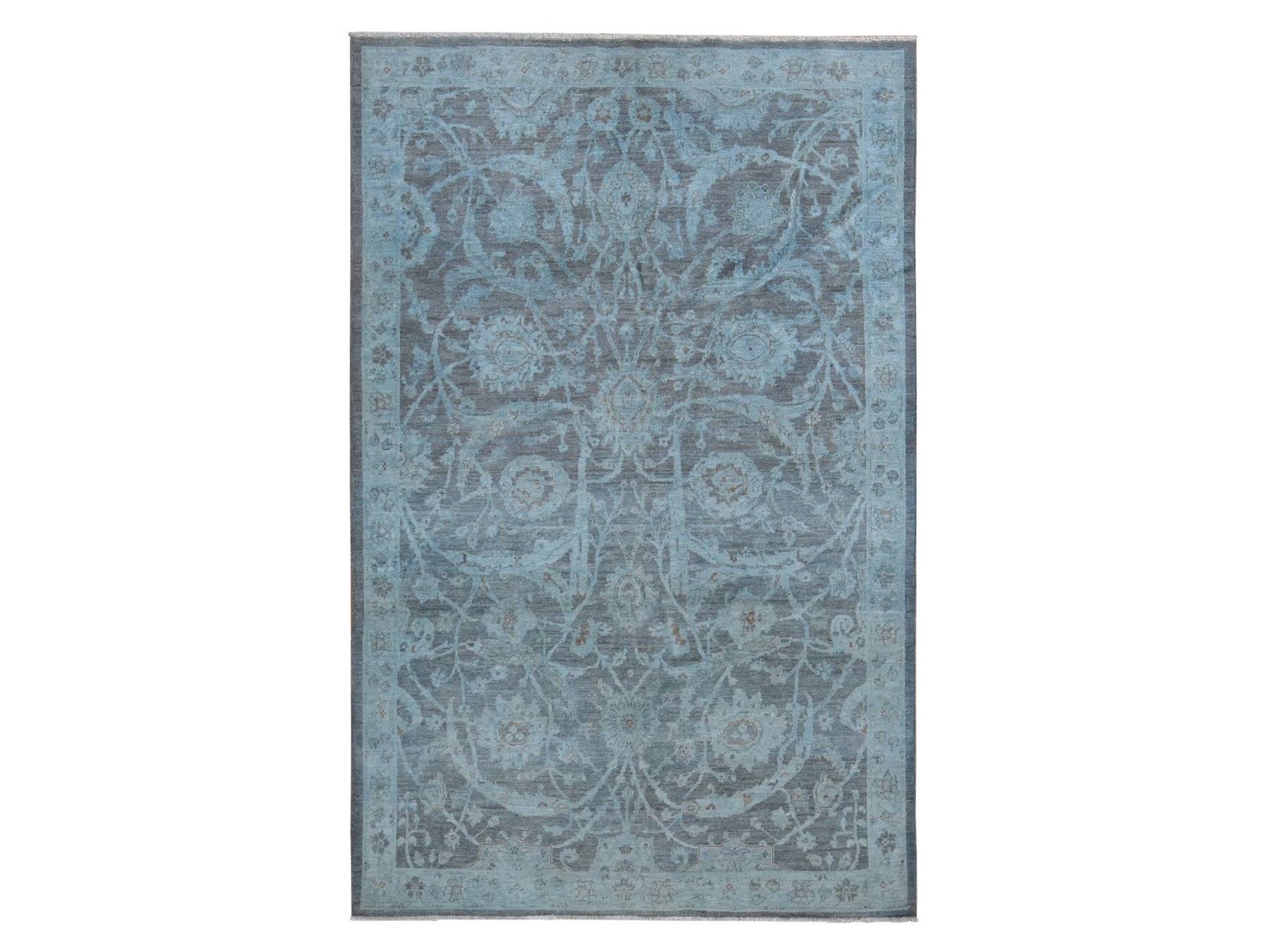 Peshawar White Wash Vintage & Silver Wash hand-knotted wool rug in Blue, 5'9" x 9' — SKU O080917