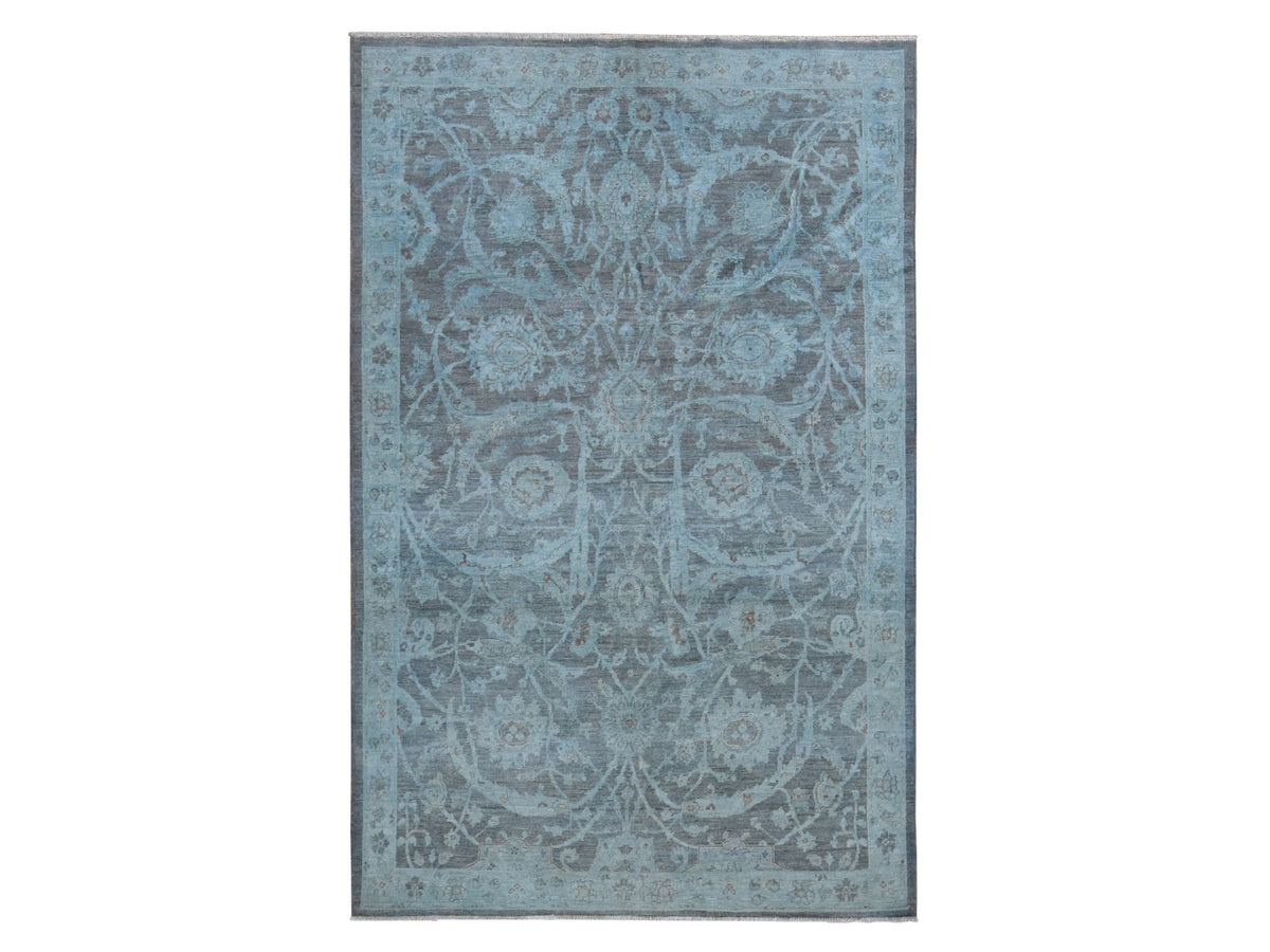 Peshawar White Wash Vintage & Silver Wash hand-knotted wool rug in Blue, 5'9" x 9' — SKU O080917