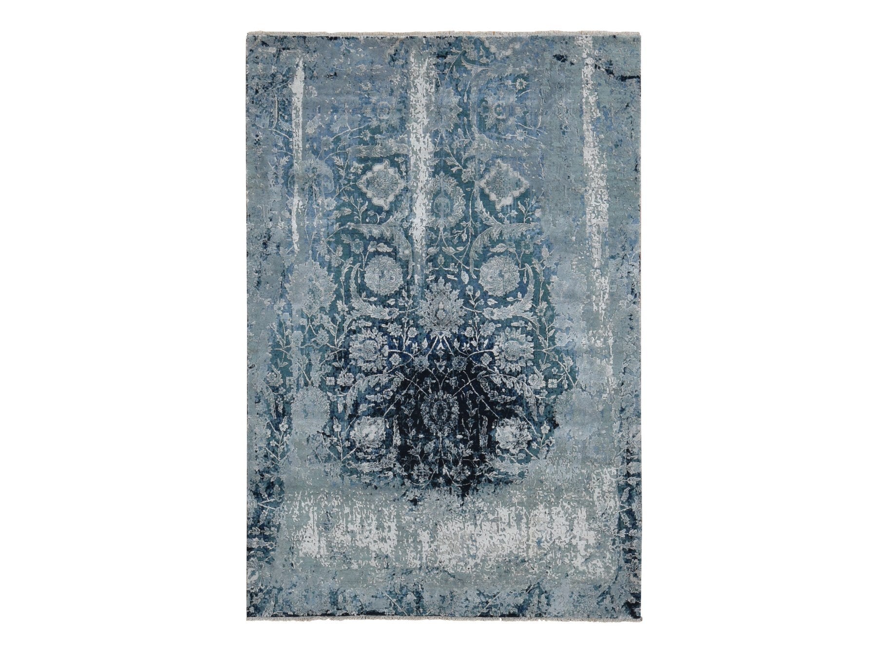 Tabriz Transitional hand-knotted wool/silk rug in Blue, 6'1" x 9'1" — SKU O080938