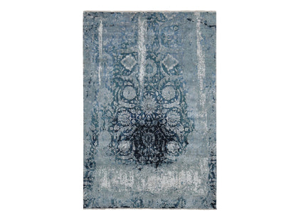 Blue 6'1" x 9'1" Transitional Hand knotted Wool/Silk Rug - Sku: O080938