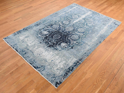 Blue 6'1" x 9'1" Transitional Hand knotted Wool/Silk Rug - Sku: O080938