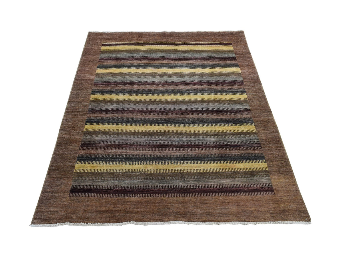 Gabbeh Modern / Contemporary hand-knotted wool/silk rug in Brown, 5'4" x 7'8" — SKU O080940