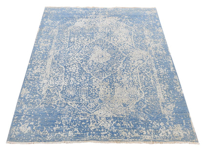 Blue 5'1" x 7'0" Transitional Hand knotted Wool/Silk Rug - Sku: O080958