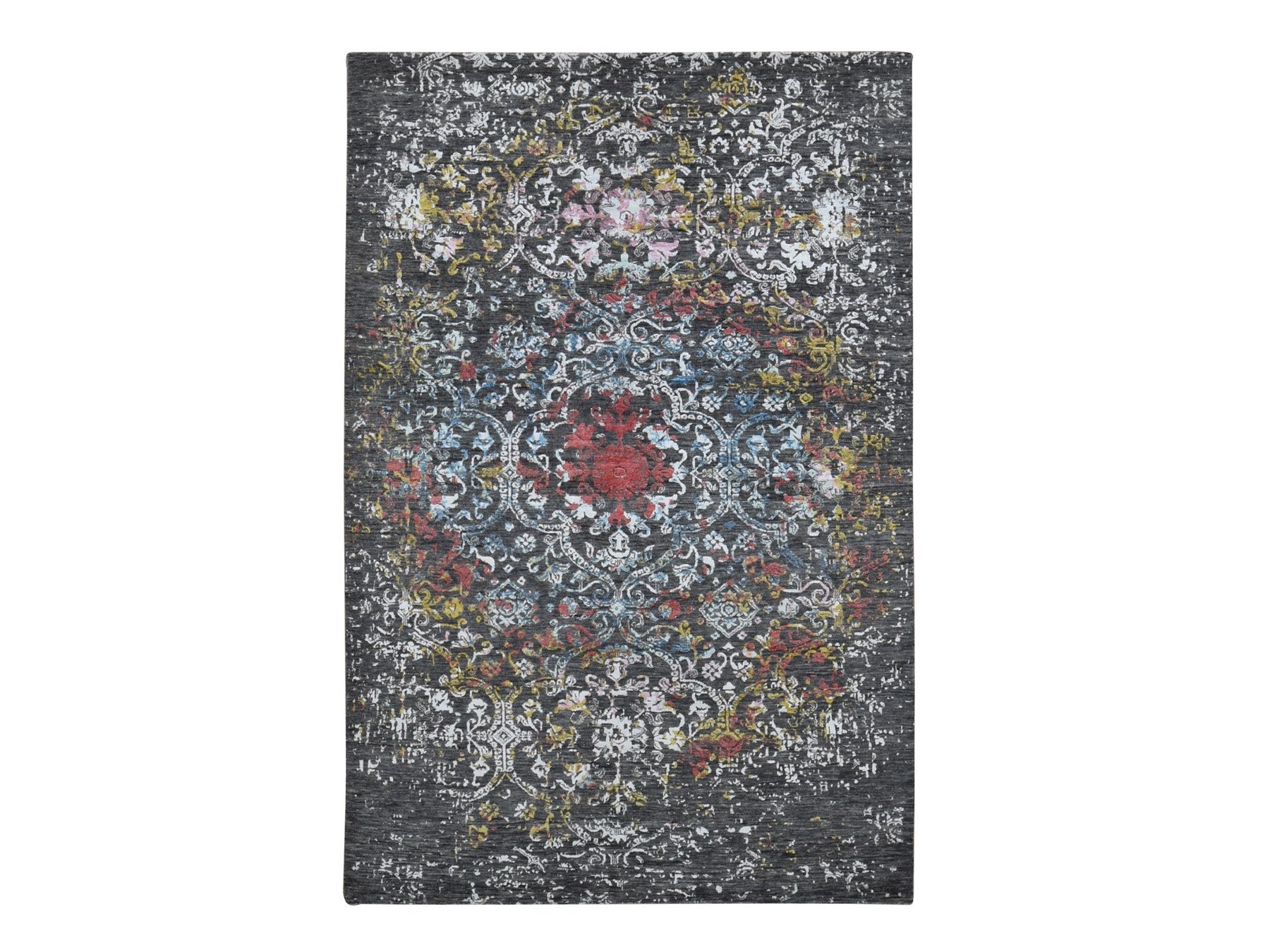 Agra Transitional hand-knotted wool/silk rug in Black, 6'1" x 9'2" — SKU O080969