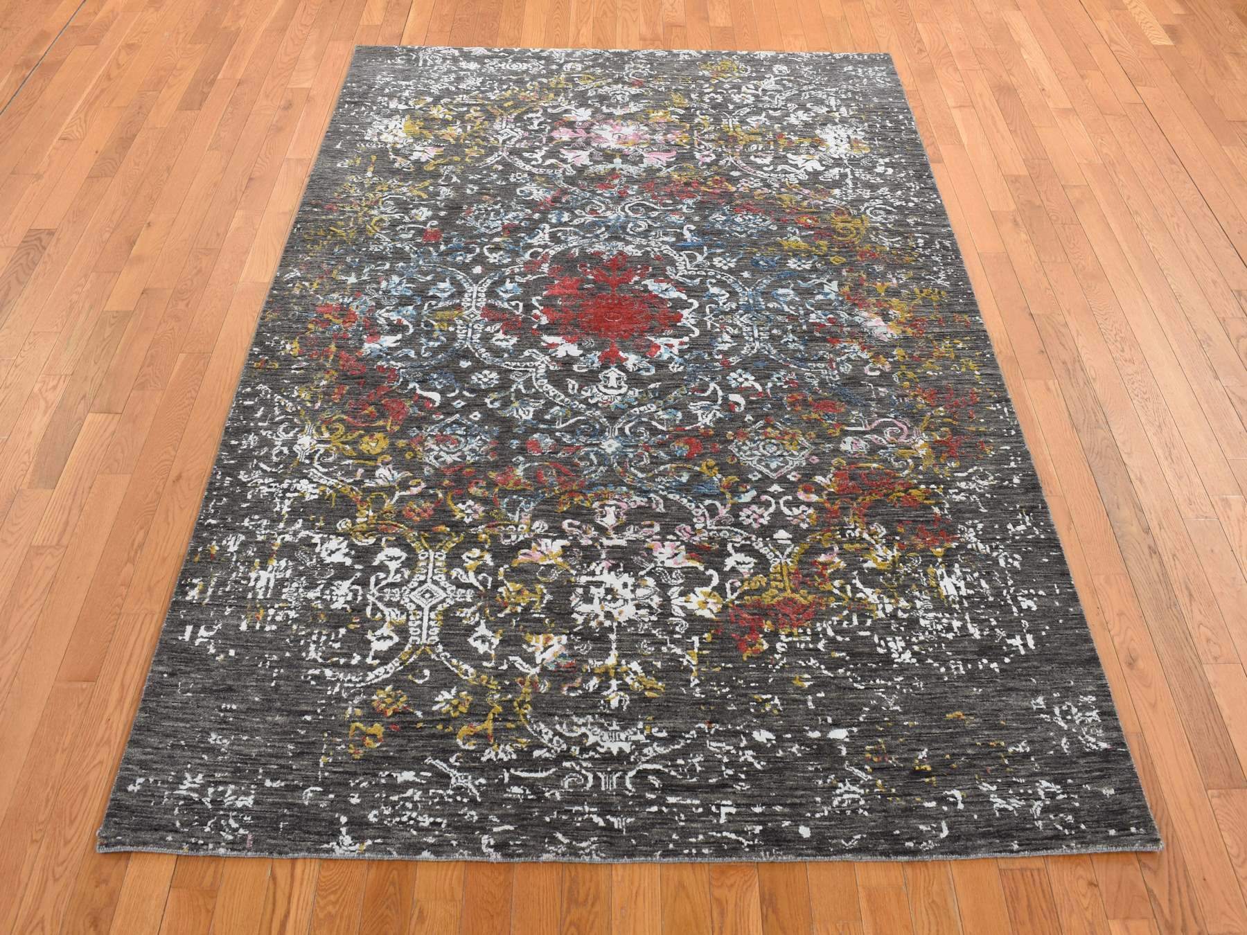 Agra Transitional hand-knotted wool/silk rug in Black, 6'1" x 9'2" — SKU O080969 (view 2)