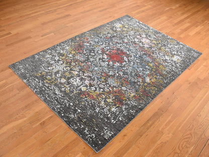 Black 6'1" x 9'2" Transitional Hand knotted Wool/Silk Rug - Sku: O080969