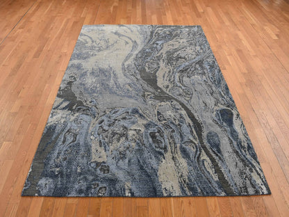 Blue 6'0" x 9'2" Modern and Contemporary Hand knotted Wool/Silk Rug - Sku: O080981