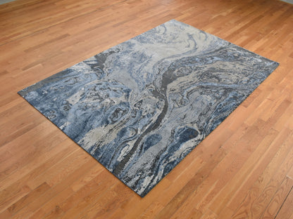 Blue 6'0" x 9'2" Modern and Contemporary Hand knotted Wool/Silk Rug - Sku: O080981