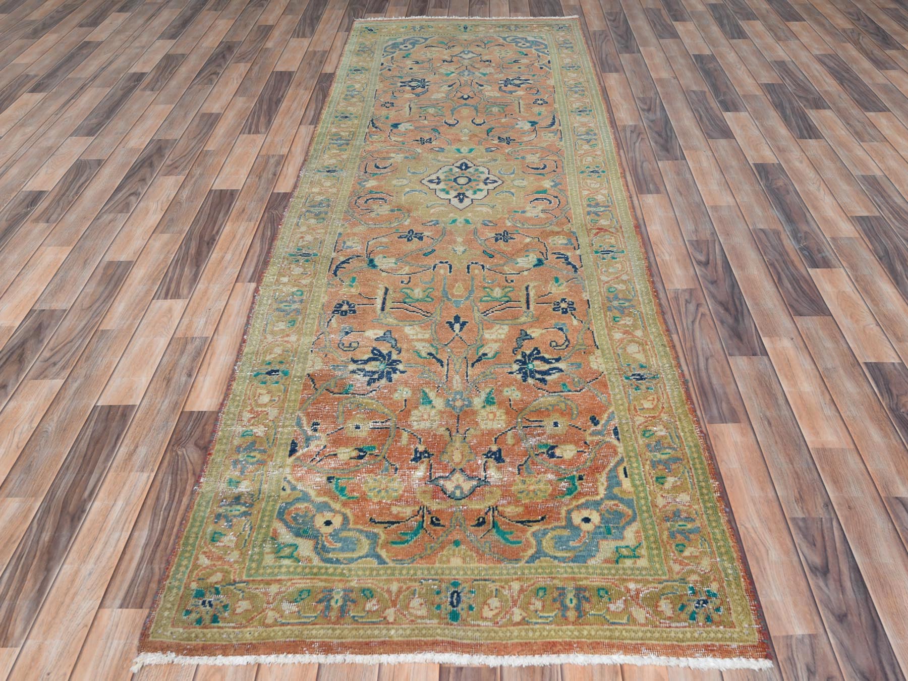 Kashan Vintage hand-knotted worn wool runner in Red & Coral Red, 3'5" x 10'5" — SKU O081049 (view 2)