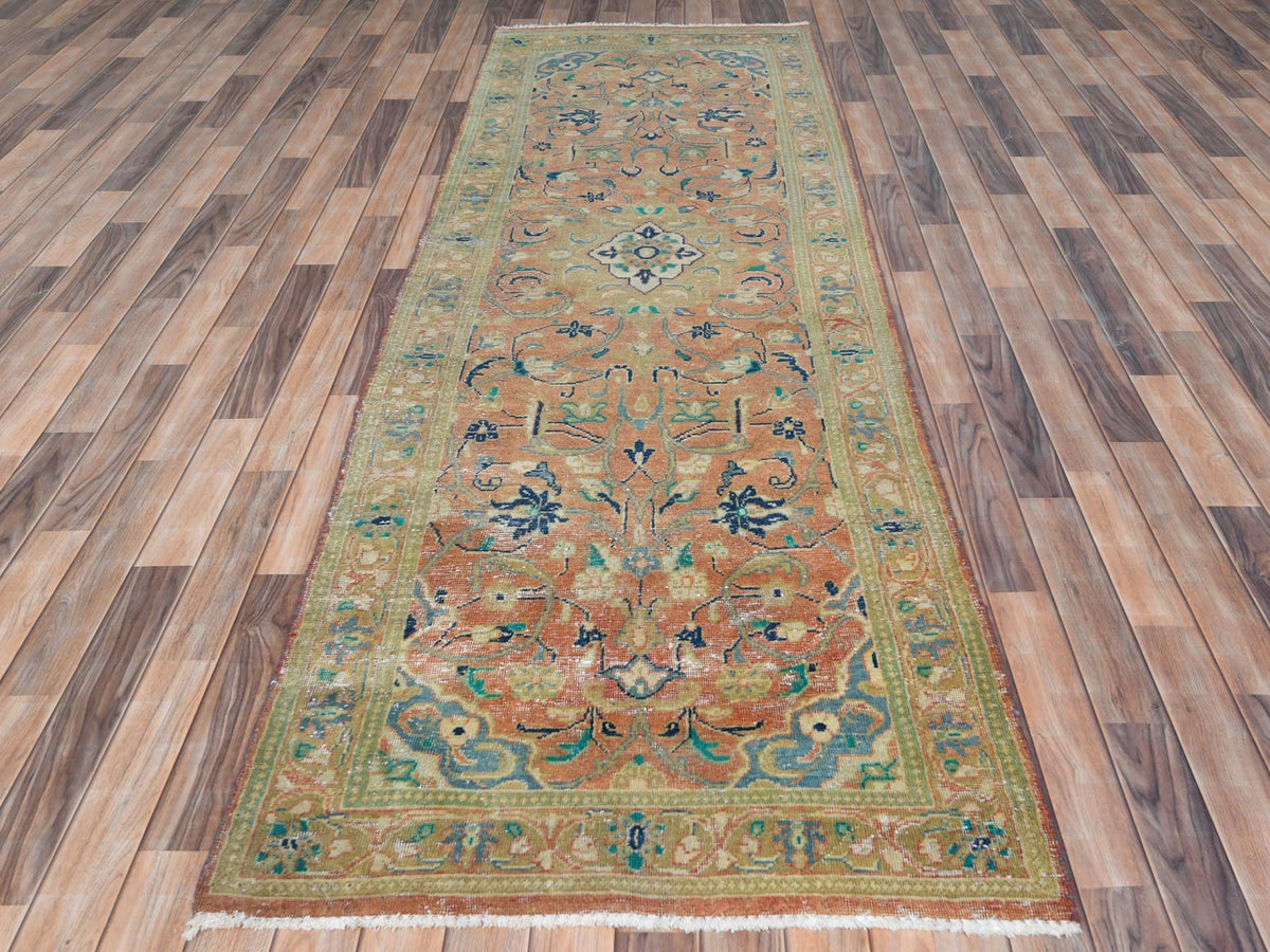 Kashan Vintage hand-knotted worn wool runner in Red & Coral Red, 3'5" x 10'5" — SKU O081049 (view 2)