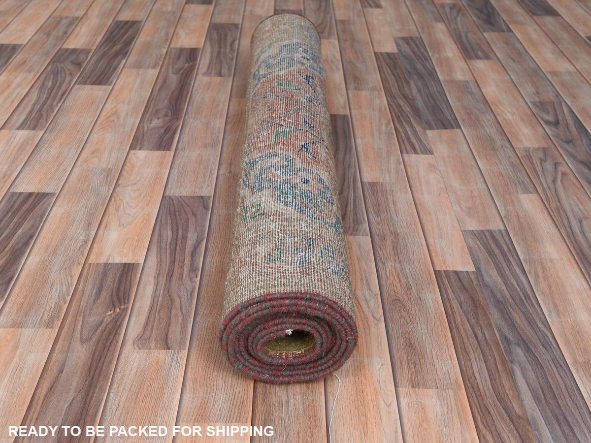 Kashan Vintage hand-knotted worn wool runner in Red & Coral Red, 3'5" x 10'5" — SKU O081049 (view 5)