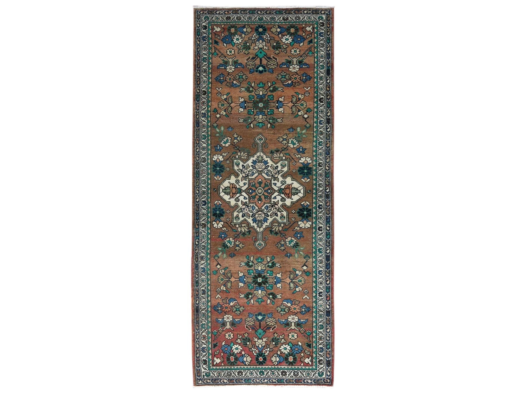 Brown 3'7" x 9'9" Vintage Hand knotted Wool Rug - Sku: O081061